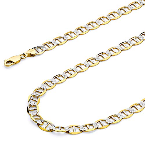 14k REAL Two Tone Gold Solid 2.5mm Flat Mariner White Pave Chain Bracelet with Lobster Claw Clasp - 7"