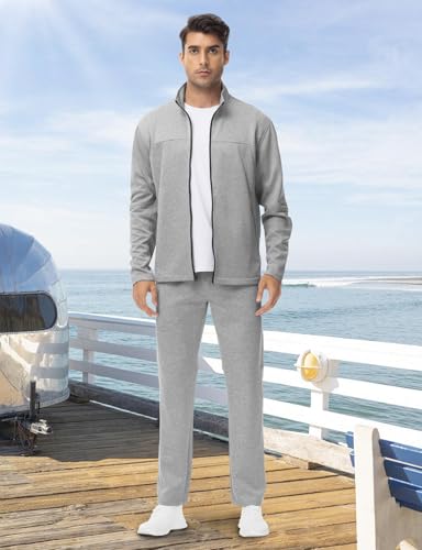 BGOWATU Men's Tracksuits 2 Piece Running Sports Sweatsuits For Men Full Zip Athletic Jackets and Pants Outfits Light Gray 2X