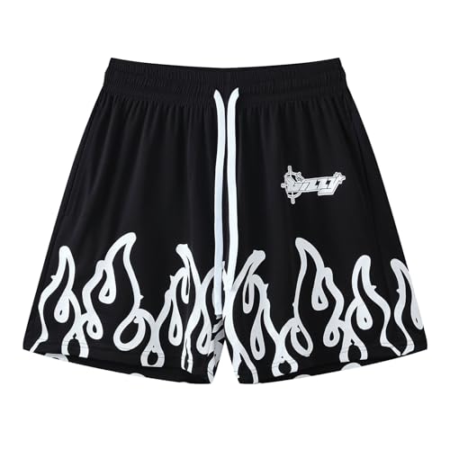 DIOTSR Mens Flame Graphic Basketball Shorts Drawstring Running Workout Shorts Summer Cool Casual Shorts (05 Black & White,Large)