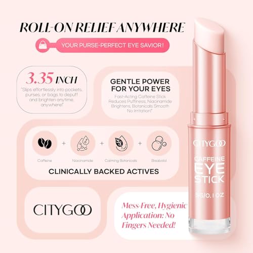 CITYGOO Caffeine Eye Cream Stick: Anti-Aging Firming & Dark Circles Moisturizing Balm for Puffiness & Eye Bags - Travel-friendly for Women (Caffeine Pink 3g)