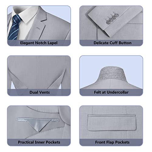 Cooper & Nelson 3 Piece Grey Mens Suit Set 2 Button Slim Fit Suits for Men Business Wedding Party Tuxedo Jacket Vest Pants and Tie, Light Grey L