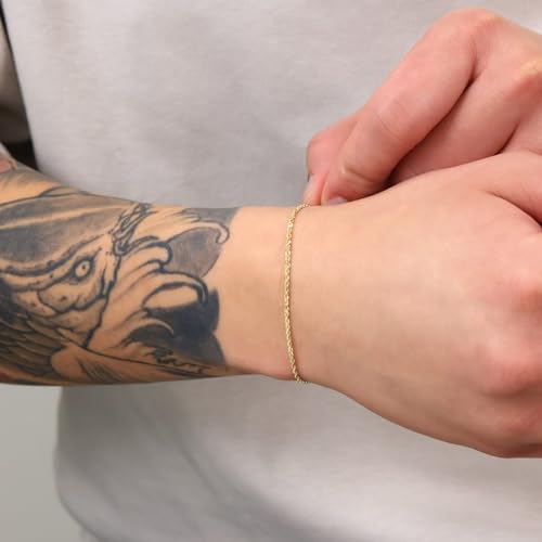 Nuragold 14k Real Yellow Gold Rope Chain Solid Diamond Cut Bracelet - 1.5mm - 9"