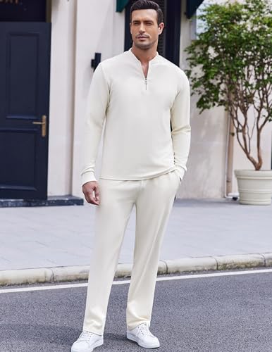 COOFANDY Men's Quarter Zip Polo Sweatsuit Polo 2 Piece Set Jogging Outfits Tracksuit Athletic Pants and Long Sleeve Casual Sports Set