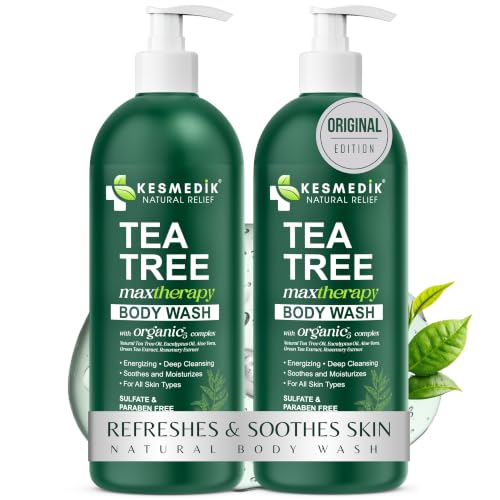 KESMEDIK Tea Tree Body Wash MaxTherapy with Eucalyptus, Aloe & 100% Tea Tree Oil for Skin, Cleans, Soothes and Refreshes Sensitive, Itchy Skin, Body & Foot Soap for Men & Women, 2-Pack