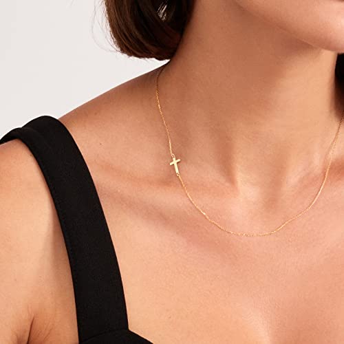 Gelin Sideways Cross Necklace for Women in 10K Solid Yellow Gold, 18 Inch Chain