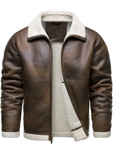HOOD CREW Men’s Vintage Distressed Jacket Winter Warm Faux Shearling Leather Bomber Jackets Motorcycle Biker Coats Brown M