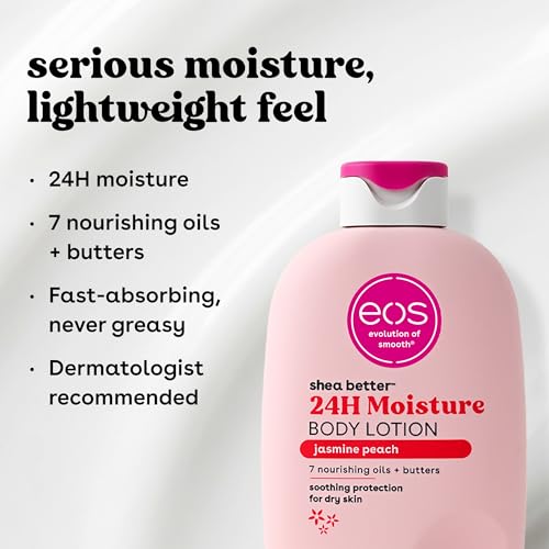 eos Shea Better Body Lotion Jasmine Peach, 24-Hour Moisture Skin Care, Lightweight & Non-Greasy, Natural Shea, Vegan, 16 fl oz