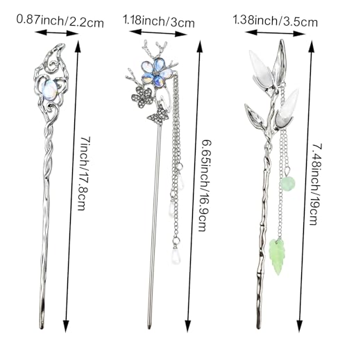 6PCS Star Moon Hair Sticks for Buns Long Hair Chinese Hanfu Asian Vintage Hair Chopsticks Metal Silver Hair Bun Updo Holders Long Hairpins for Women Girls