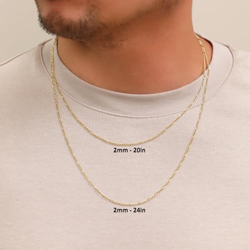 Nuragold 10k Real Yellow Gold Figaro Link 2mm Thin Chain Necklace (16"-26") - 16"