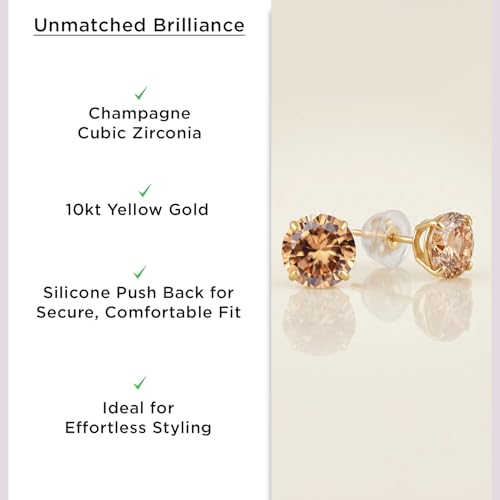 Jewelili 10K Yellow Gold Champagne Cubic Zirconia Stud Earrings for Women