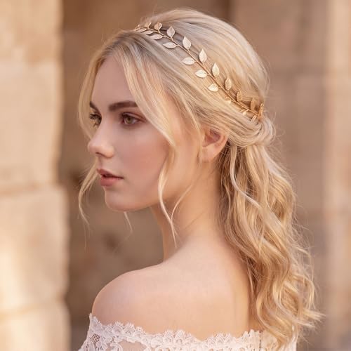 WILLBOND 2 Pcs Gold Leaf Wedding Headband Gold Leaf Headpiece Bridal Hair Vine Goddess Head Chains Acessories for Bridesmaid Flower Girls Women Roman Toga Costume, 13.5 Inch