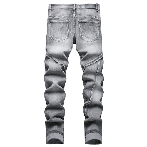 XIMXIMMTIAN Men Slim Fit Jeans Fashion Biker Jeans for Men Stretch Designer Distressed Straight Denim Pants (32, 2131 Gray)