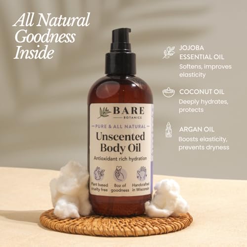 BARE BOTANICS 8oz Unscented Body Oil - Natural Skin and Hair Oil