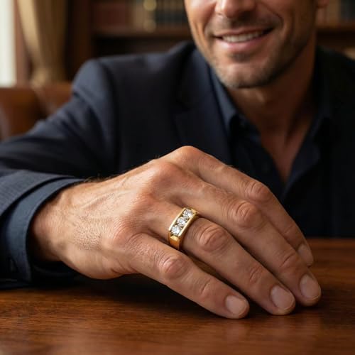 P3 POMPEII3 Pompeii 1 1/2ct Lab Grown Diamond Three Stone Mens Wedding Ring 10K Yellow Gold - Size 9.5 (G/H,VS2-SI1)