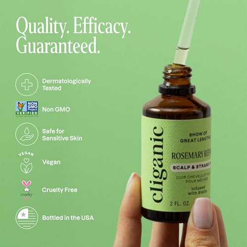 Cliganic Rosemary Oil for Hair & Scalp - Biotin & Jojoba Infused Repair Serum to Smooth & Soften Frizzy, Dry, Damaged Hair, Split Ends. Promote Fuller-Looking Hair, 2 Fl Oz