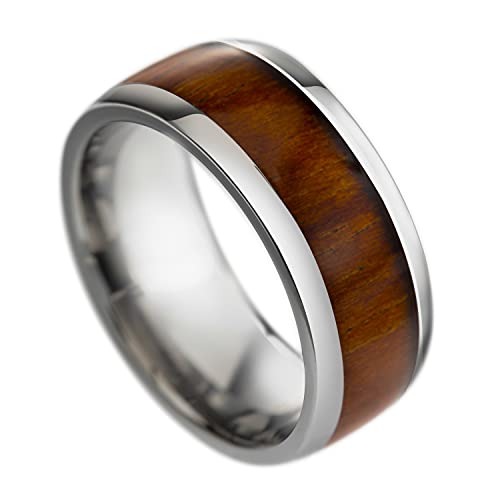 Tungsten Carbide Genuine Natural Hawaiian Koa Wood Tree Inlay Comfort Fit Ring 8mm 6mm 4mm Wedding Band Dome Style High Polished Finish with Gift Box Included (8mm Tungsten, 10)