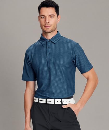 Alex Vando Mens Bubble Jacquard Polo Shirt Super Stretch Short Sleeve Polo Shirts for Men,Teal02,L