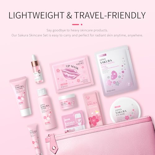 LAIKOU Sakura Skincare Set for Teen Girls, Complete Face Care Kit 34pcs
