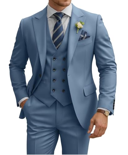 TIJOFA Dusty Blue Suits for Men 3 Piece Suit Slim Fit Double Breasted Men's Dusty Blue Tuxedo Elegant Classic Fit Wedding Formal Business Prom Party Tuxedo Classic Groom Dinner Casual XS