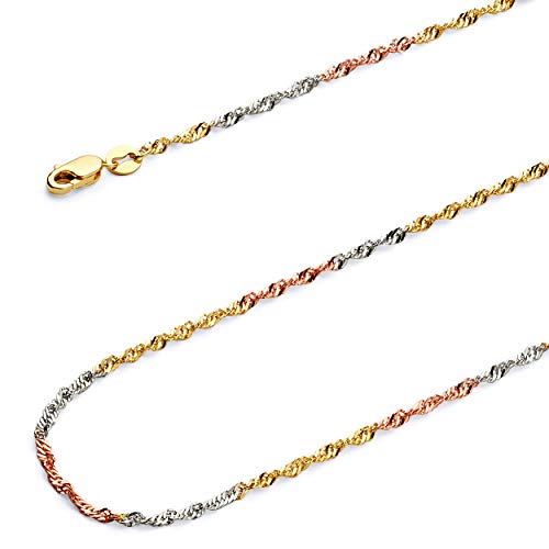 14k REAL Tri Color Gold Solid 1.2mm Singapore Chain Necklace with Spring Ring Clasp - 16"
