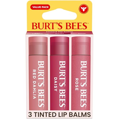 Burts Bees Tinted Lip Balm Value Pack, Includes Red Dahlia, Daisy and Rose, 8 Hour Moisture, Provides a Hint of Color, Nourishing Shea Butter, 100 Percent Natural Origin, 0.15 oz., Three Tubes