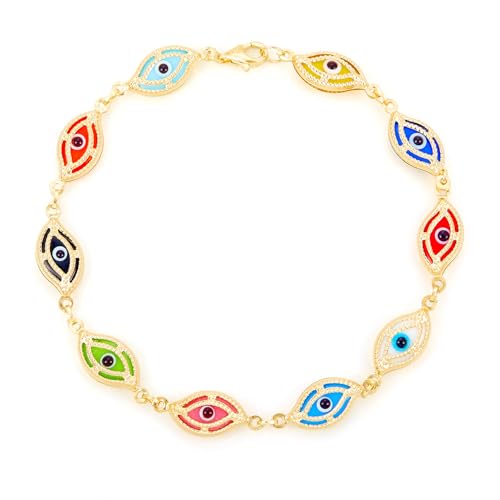 14k REAL Yellow Gold Multi Color Evil Eye Bracelet - 7.5"