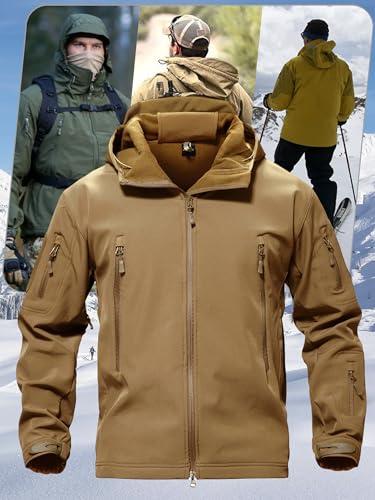 TACVASEN Waterproof Jacket for Men's Snowboard Special Ops Military Tactical Soft Shell Rain Jacket Warm Ski Coats with Hood Hiking Sand XL