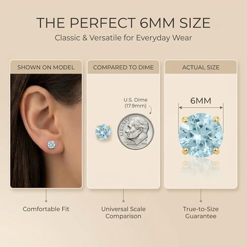 10K Yellow Gold Round Aquamarine Stud Earrings for Women with Push Backs | 6mm Blue March Birthstone Earrings | Solid Real 10 Karat Gold Gemstone Earrings for Women by MAX + STONE