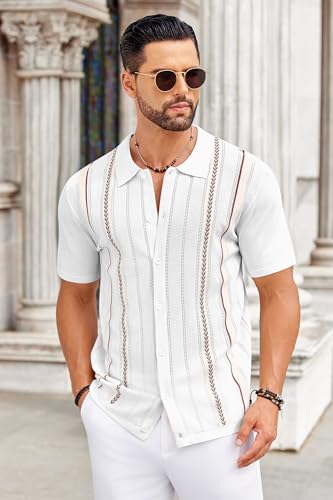 COOFANDY Mens Beach Shirts Cuban Crochet Shirt Short Sleeve Button Down Shirts Trendy Old Money Clothes Bowling Shirts Off White XL
