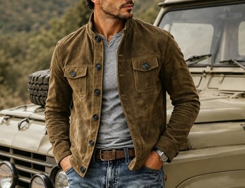 Vatwib Men's Vintage Trucker Suede Jacket Faux Leather Casual Western Lightweight Blazer Sport Coat（Green，L）