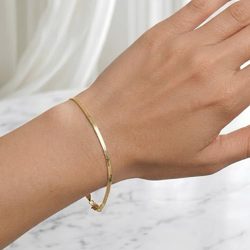 Floreo 14k Yellow Gold 1.5mm Solid Herringbone Chain Bracelet or Anklet 8 Inch
