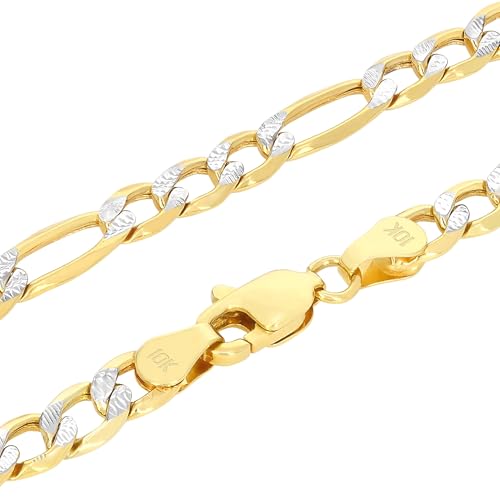 Nuragold 10k Real Yellow Gold Figaro 5.5mm Pave Diamond Cut Chain Bracelet - 8"