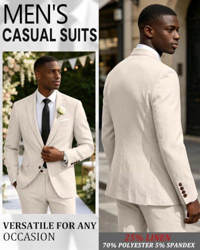 Retro Linen Mens Suit 2 Pieces Light Weight Linen Suit Summer Slim Fit Suits Tuxedo Jacket Blazer Pant for Men Beige M
