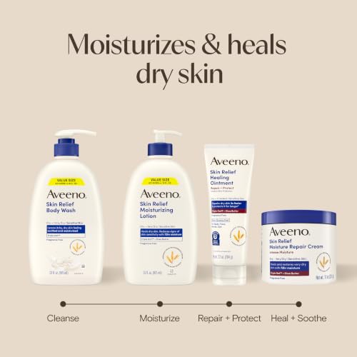 Aveeno Skin Relief Moisturizing Body Lotion Heals Very Dry, Sensitive Skin, Fast-Absorbing Lotion with Soothing Triple Oat & Shea Butter Formula, Fragrance Free Lotion, Non-Comedogenic, 33 Fl Oz