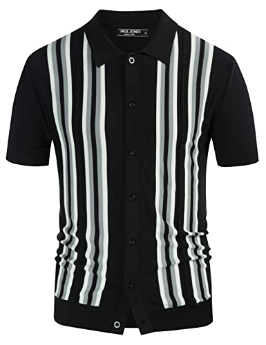 PJ PAUL JONES Mens Short Sleeve Knitted Polo Shirts Vintage Striped Summer Knit Shirt Mens Collared Shirts Short Sleeve Black L