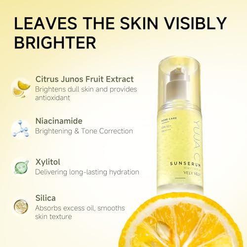 VELY VELY Yuja C Sunscreen Serum SPF 50+ PA++++, Korean Sunscreen UV Protection Lightweight Pore Care, Non-Sticky, No-Pilling Evens Out Skin Tone for Sensitive Skin 30ml/1.01 oz