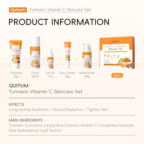 QUIYUM Turmeric Vitamin C Skin Care Set, 5PCS Beauty Routine for Women