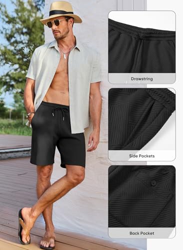 JMIERR Mens Casual Shorts Drawstring Summer Beach Stretch Waist Texture Jacquard Work Black Sweat Shorts with Pockets, L