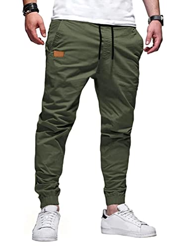 JMIERR Mens Casual Joggers Pants - Cotton Drawstring Chino Cargo Pants Hiking Outdoor Twill Track Jogging Sweatpants Travel Essentials Pants with Pockets for Men, M, B Green