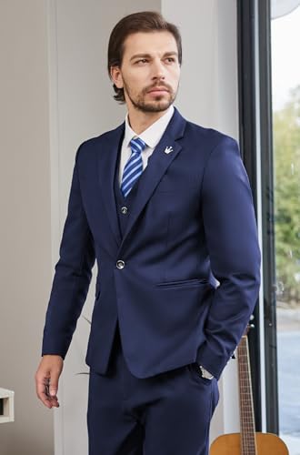 MAGE MALE Mens Suits Slim Fit 3 Piece Tuxedo Suit One Button Solid Prom Wedding Party Blazer Vest Pants Set with Tie Navy Blue