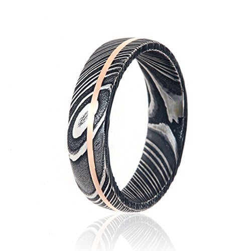 Damascus Steel Wedding Bands USA Made 14k Rose Gold Rings Damascus Rings