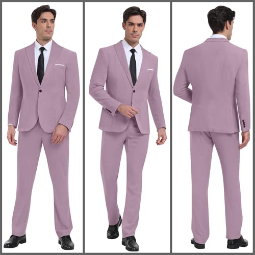 Diaryan Linen Men Suits Casual Tuxedo Regular Fit Lilac 2 Piece Blazer One Button Formal Jacket Pants for Wedding Party L