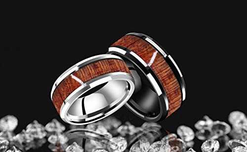 8mm Black Stainless Steel Wedding Band Wooden Inlay Engagement Rings for Men Y1539 (Black, size 10)