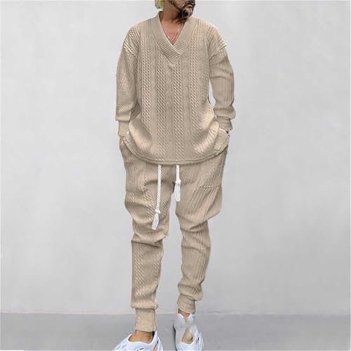 Cable Jacquard Set, Athleisure Men's V-Neck Long Sleeve Tops and Drawstring Jogging Suits 2 Piece Set, Men's Tracksuits (Khaki,Medium)