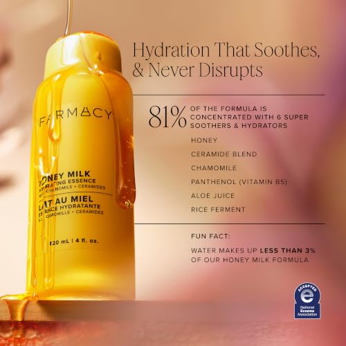 Farmacy Honey Milk Face Essence - Hydrating Milky Toner with Honey, Ceramides, Chamomile + Aloe - Helps Strengthen Skin Barrier + Replenish Moisture - Soothing + Calming Skincare (50ml)