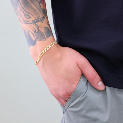 Nuragold 10k Real Yellow Gold Figaro 5.5mm Pave Diamond Cut Chain Bracelet - 8"