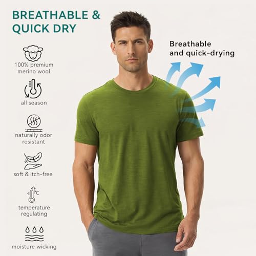 100% Pure 15.5 Micron Merino Wool T-Shirt for Men - 180g Ultra-Rare Luxury, Lightweight, Moisture Wicking Athletic Short GreenM