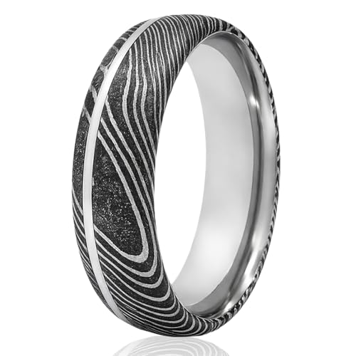6mm Damascus Steel Men’s Wedding Band with 14K White Gold Inlay – Comfort Fit Ring – Textured Black Grain – Unique Handmade Look (15)