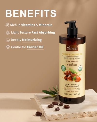 Yoken 32 fl oz (EWG Verified) 100% Pure Jojoba Carrier Oil - Unrefined, Hexane-Free, Cold Pressed for Skin, Face, Hair, Nails, and Massage