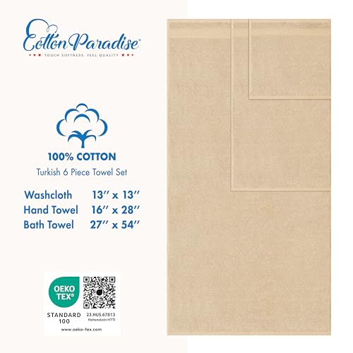 Cotton Paradise 100% Cotton Turkish Towel Set, Soft Absorbent Quick Dry, 6 Piece Towel Set, Beige